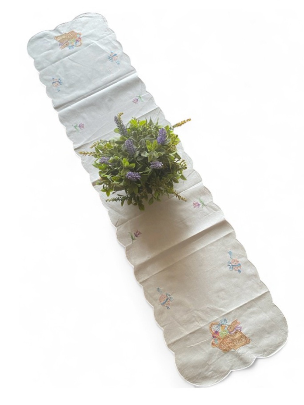 Embroidered Easter White Table Runner 54x13 Easter Bunny Basket Floral Pastel